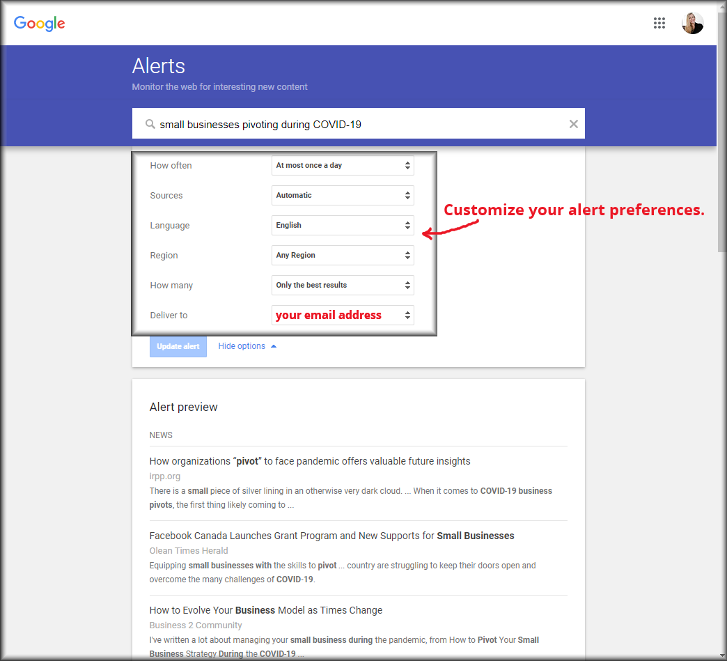 Google Alerts - small businesses pivoting during COIVD-19